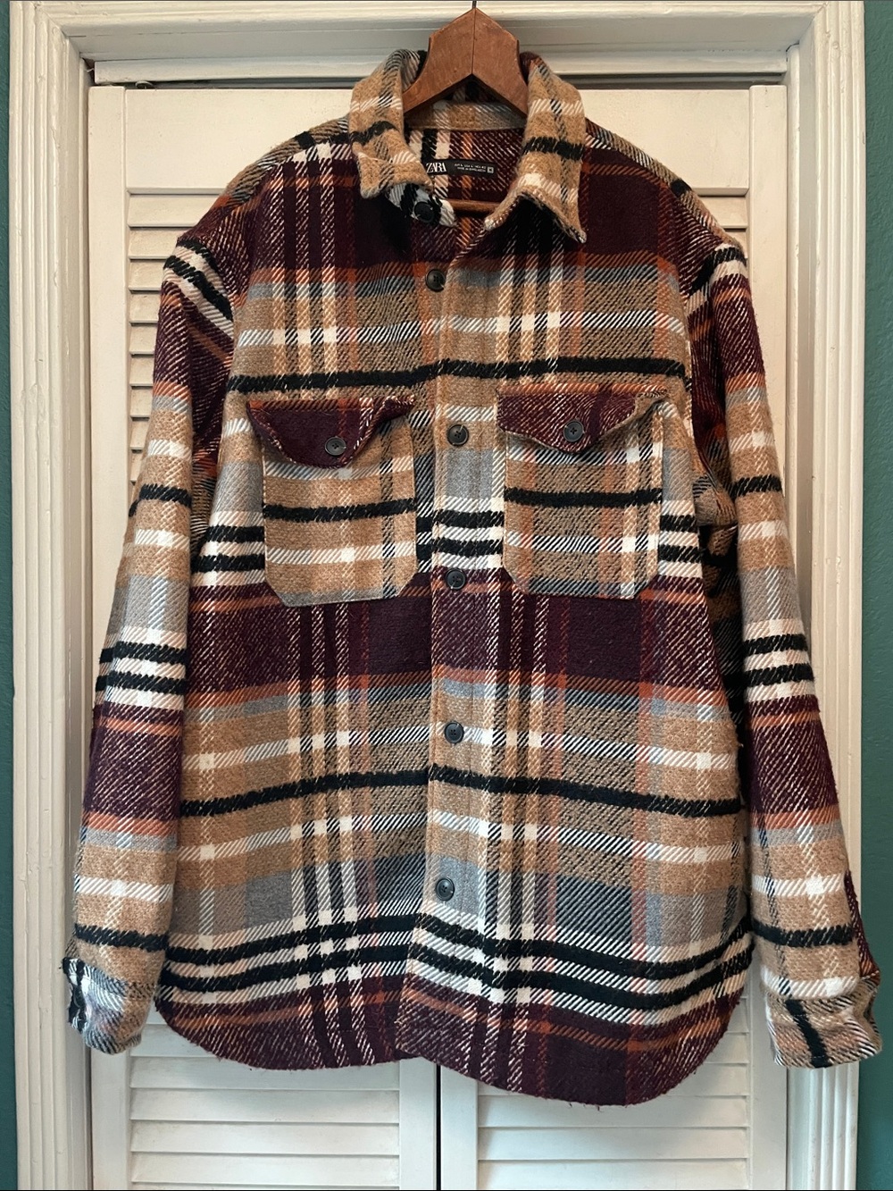 Zara Plaid Shirt Jacket in Tan, Burgundy & Black
